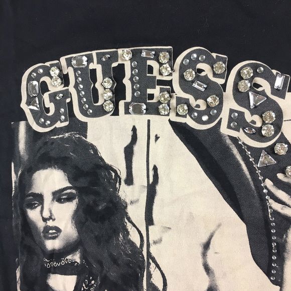 Guess Women's Short Sleeve Eco 1981 Western Girl Tee Rhinestone Black Small NWT - Picture 11 of 12